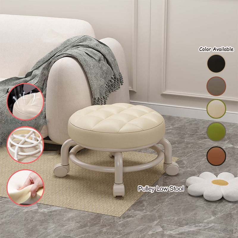 360degree Rotatable Small Chair Round Stool With Sofa Cushion Foot Pulley Moving Stool Children Chair With Wheels Small Stool Rolling Chair