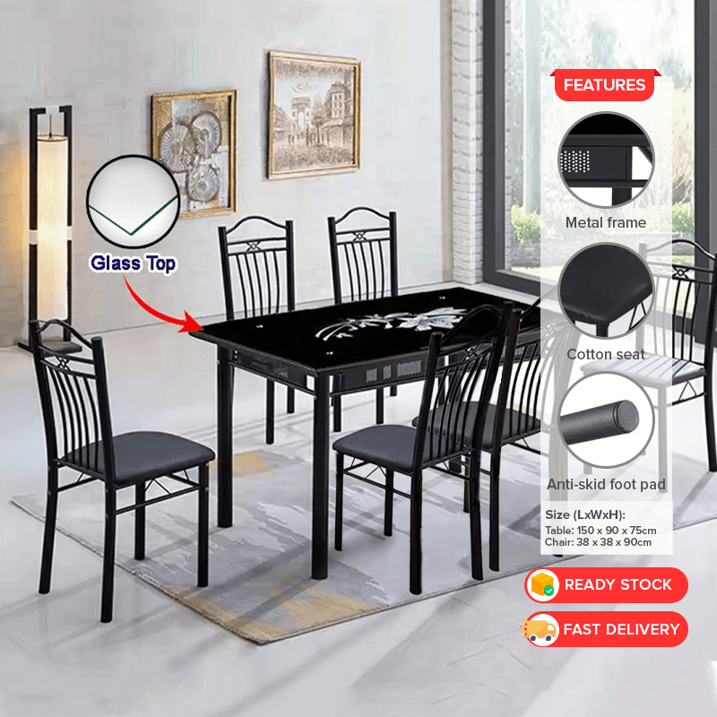 Kitchen Glass Top Rectangle Thick Tabletop And Iron Dining Table Set With Cushion Chairs Home Living Meja Makan Kerusi Perabot Rumah(150cm x 90cm