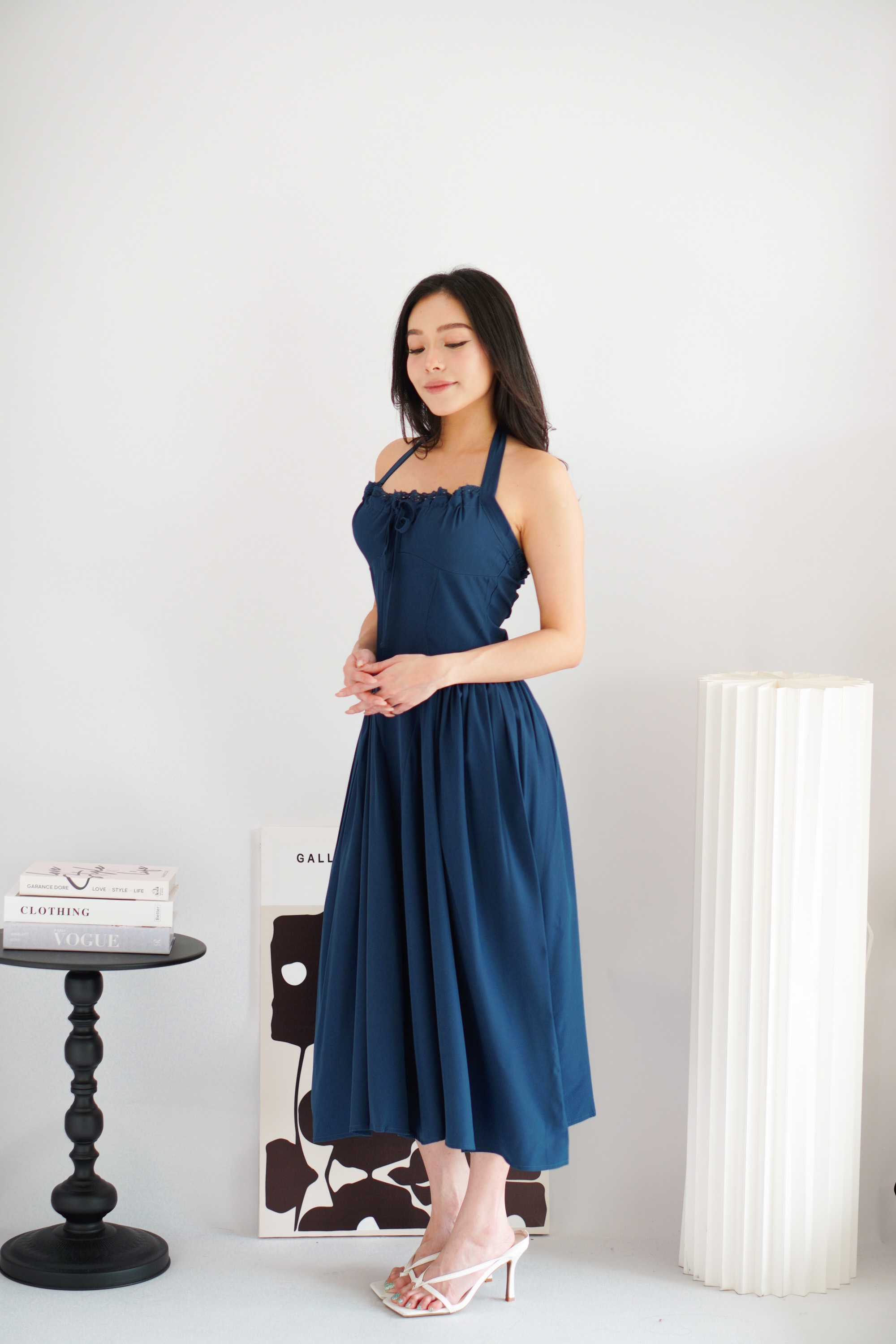 Isabelle Halter Neck A-Line Dress in Dark Blue | Bash Isabelle Halter Neck A-Line Dress in Dark Blue | Bash