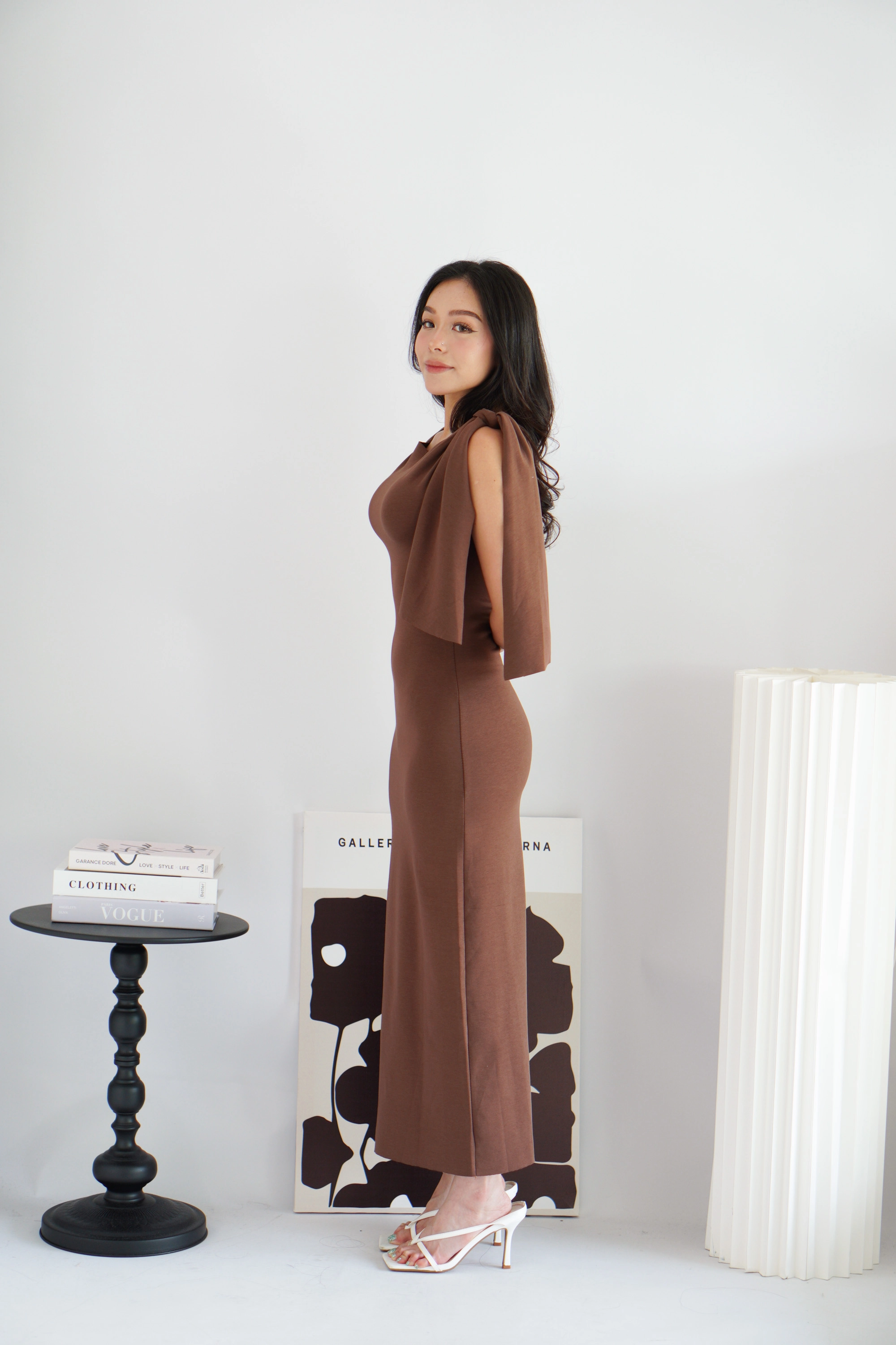 brown maxi bodycon dress Aerie Real Soft Stretch PLT Shape looks good on you Lioraine Boat Neck Tie Maxi