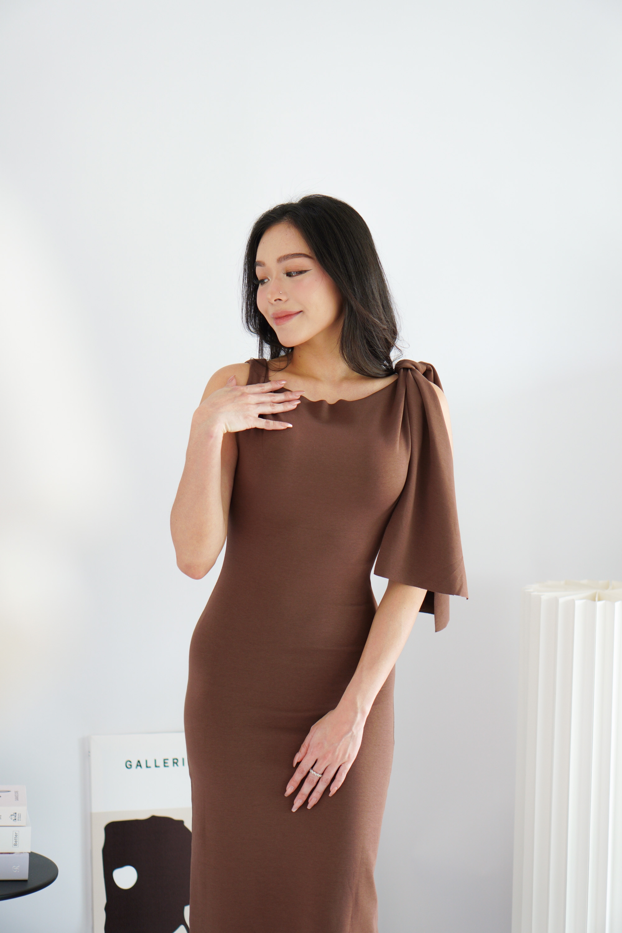 Lioraine Boat Neck Tie Maxi Bodycon Dress in Brown | Bash Lioraine Boat Neck Tie Maxi Bodycon Dress in Brown | Bash