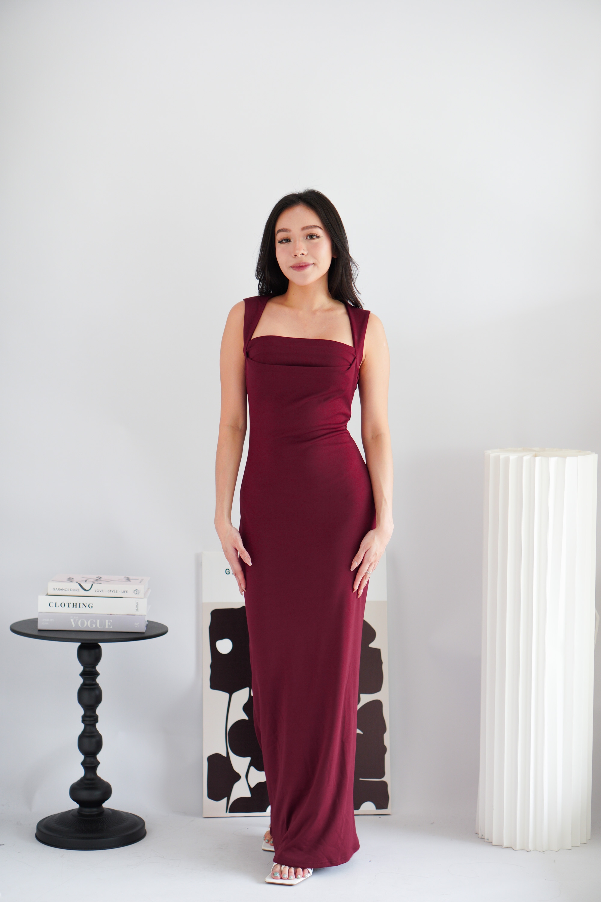 Disa Square Neck Bodycon Maxi Dress in Dark Red | Bash Disa Square Neck Bodycon Maxi Dress in Dark Red | Bash