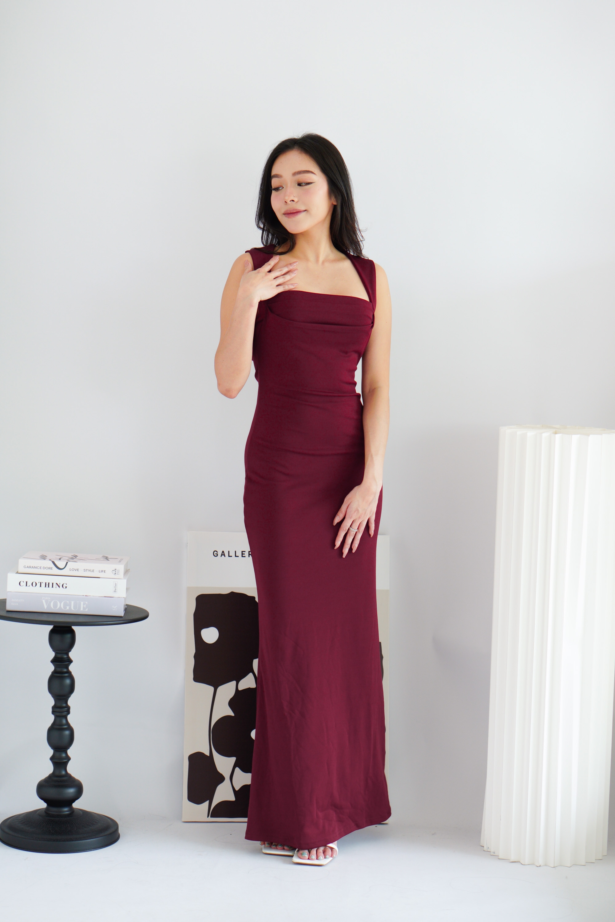 Disa Square Neck Bodycon Maxi Dress in Dark Red | Bash Disa Square Neck Bodycon Maxi Dress in Dark Red | Bash