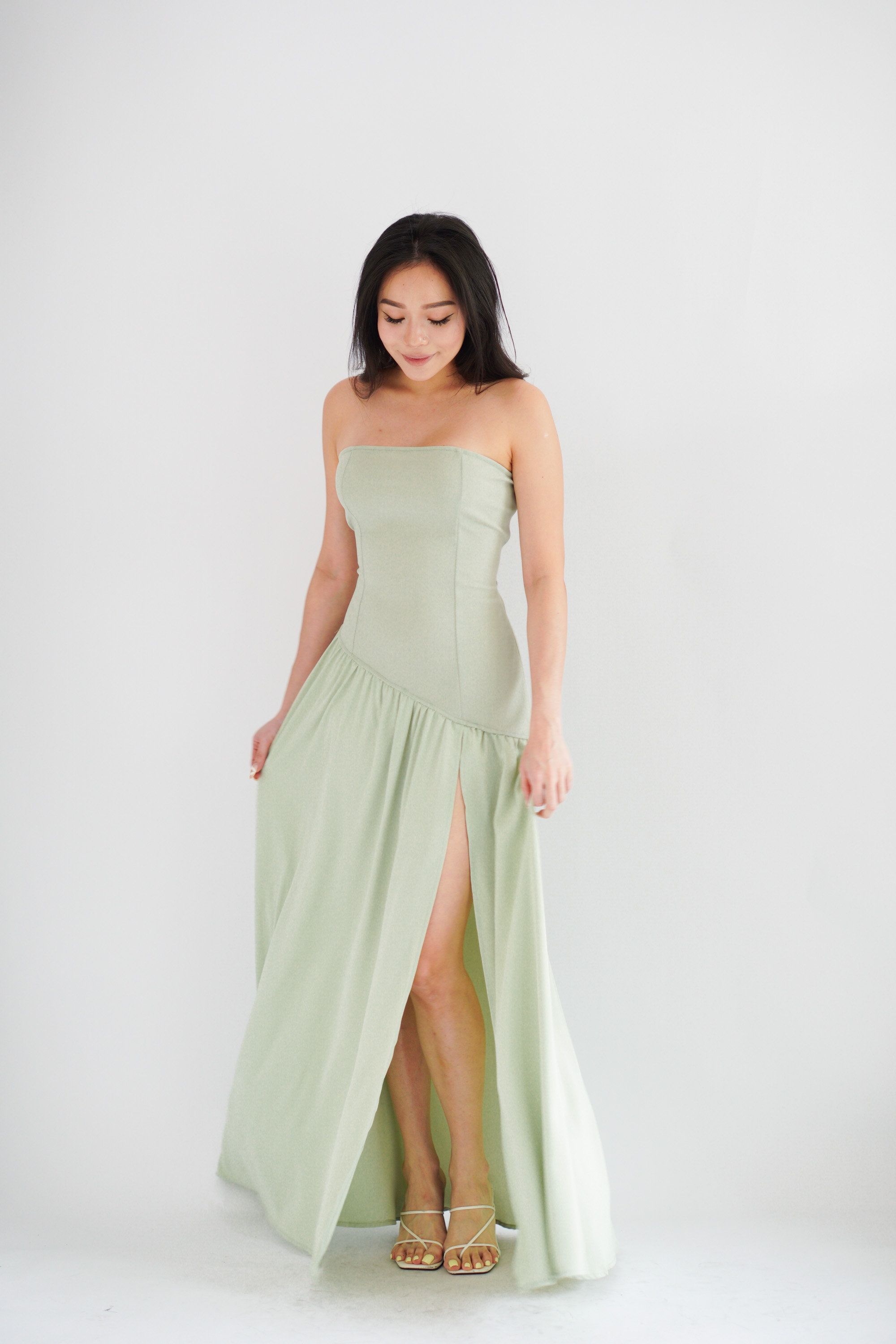 Yina Tube Asymmetrical Maxi Slit Dress with Sash in Green | Bash Yina Tube Asymmetrical Maxi Slit Dress with Sash in Green | Bash