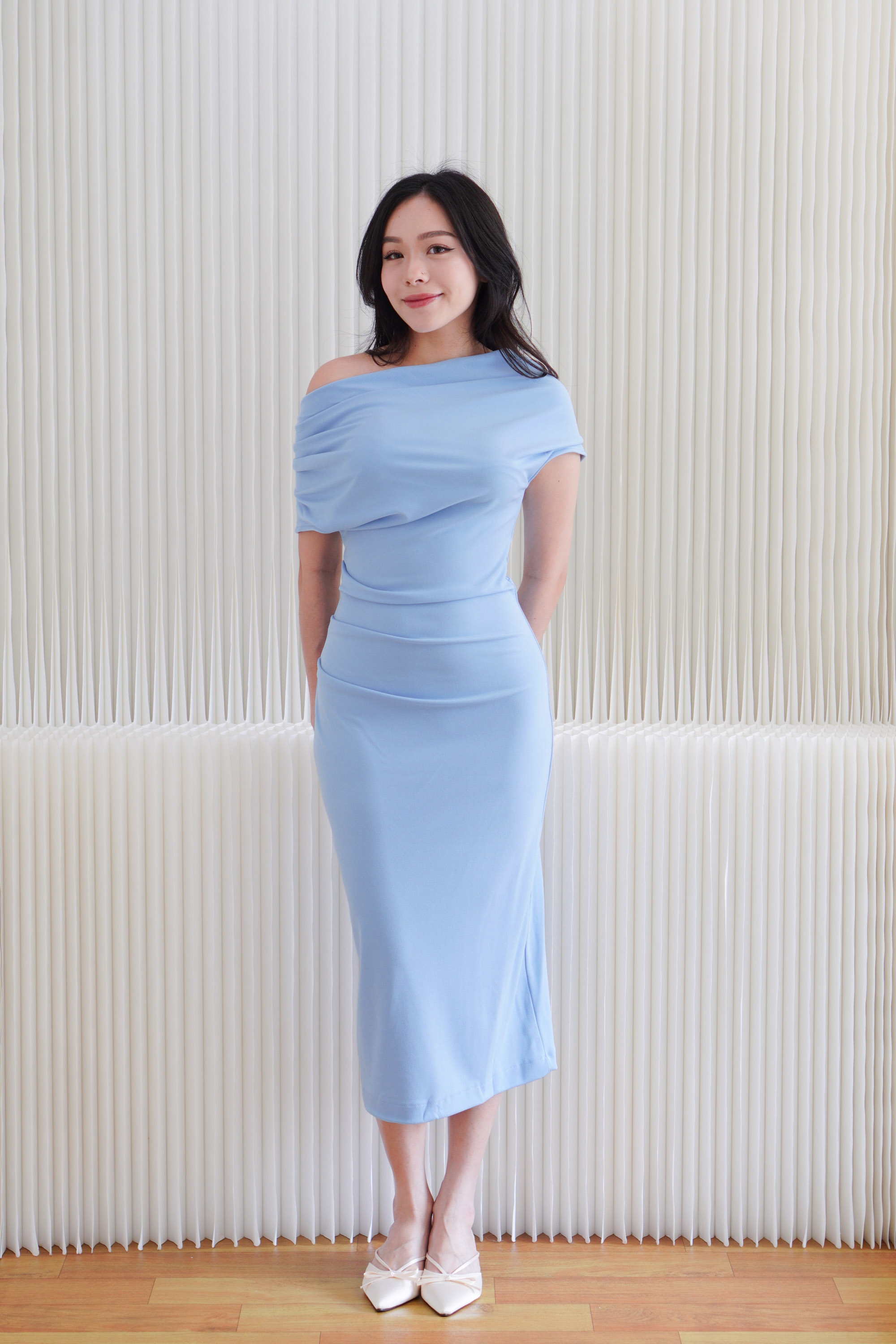 Nhaya Toga Off Shoulder Bodycon Maxi Dress in Blue | Bash Nhaya Toga Off Shoulder Bodycon Maxi Dress in Blue | Bash