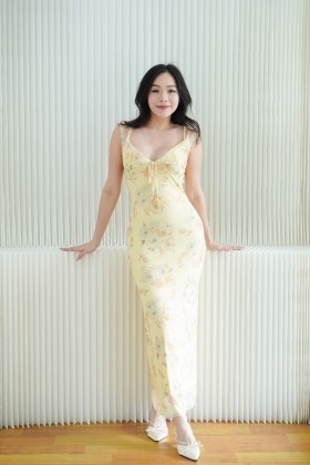Zalinne Deep V Bodycon Maxi Dress with Frills in Yellow | Bash Zalinne Deep V Bodycon Maxi Dress with Frills in Yellow | Bash
