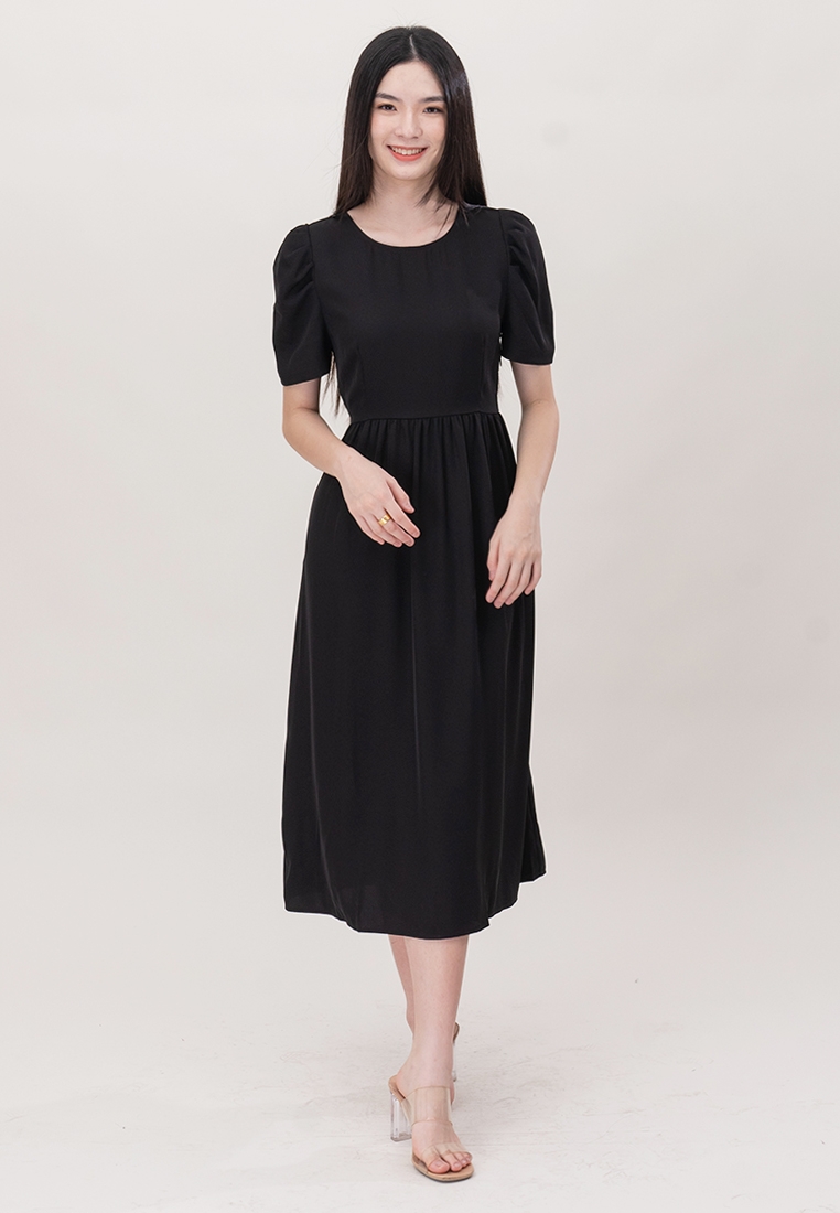 Plain Cross Back Short Sleeve Long Midi Dinner Dress Black