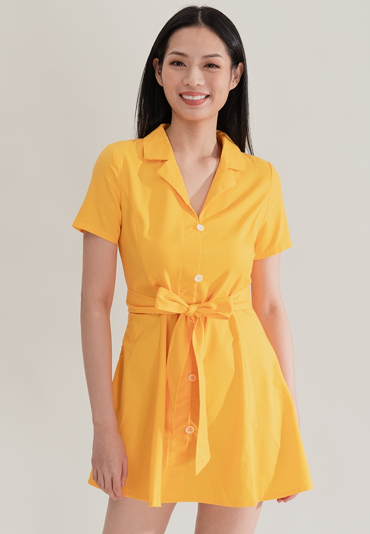 Collar Neck Button Up Yellow Dress Buy Yellow Cotton Round Neck