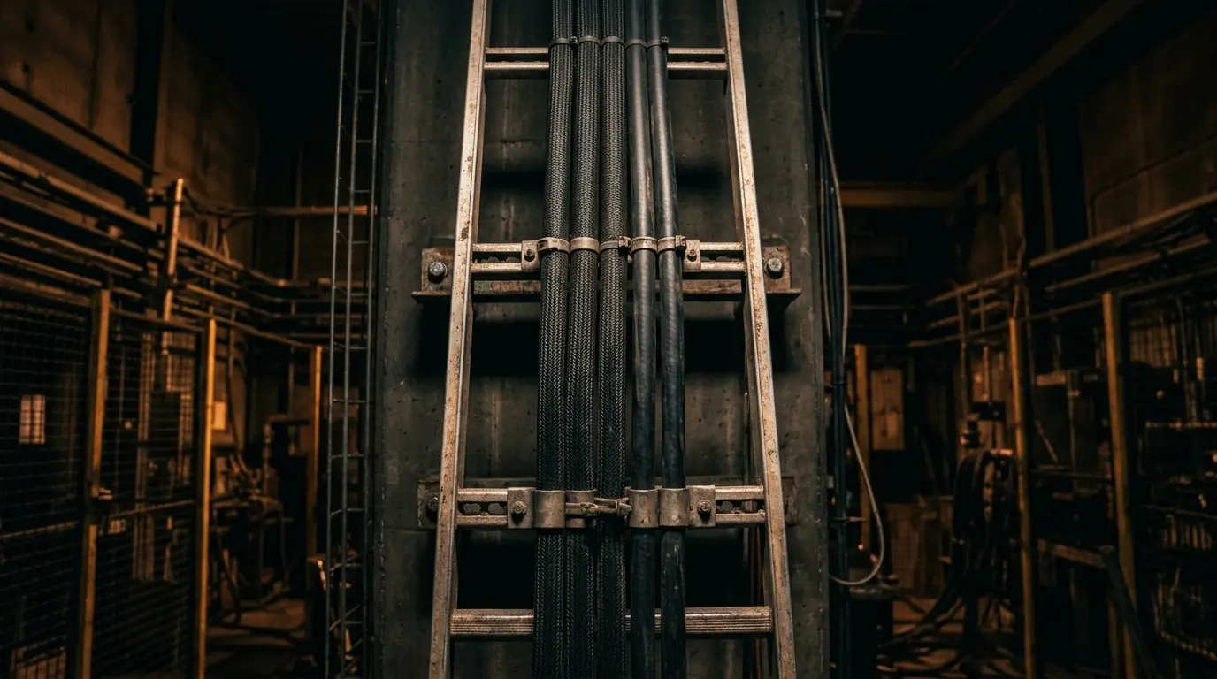 Bundled solar cables clamped to a ladder rig, the setup used for the IEC 60332-3 bunched-cable fire test
