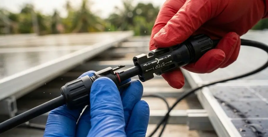 Gloved hands mating a pair of black solar DC connectors above a rooftop PV array in Malaysia