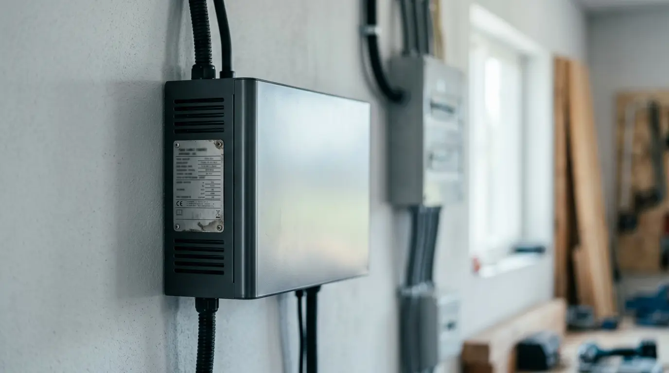 Wall-mounted power electronics enclosure with its rating nameplate and conduit in a plant room