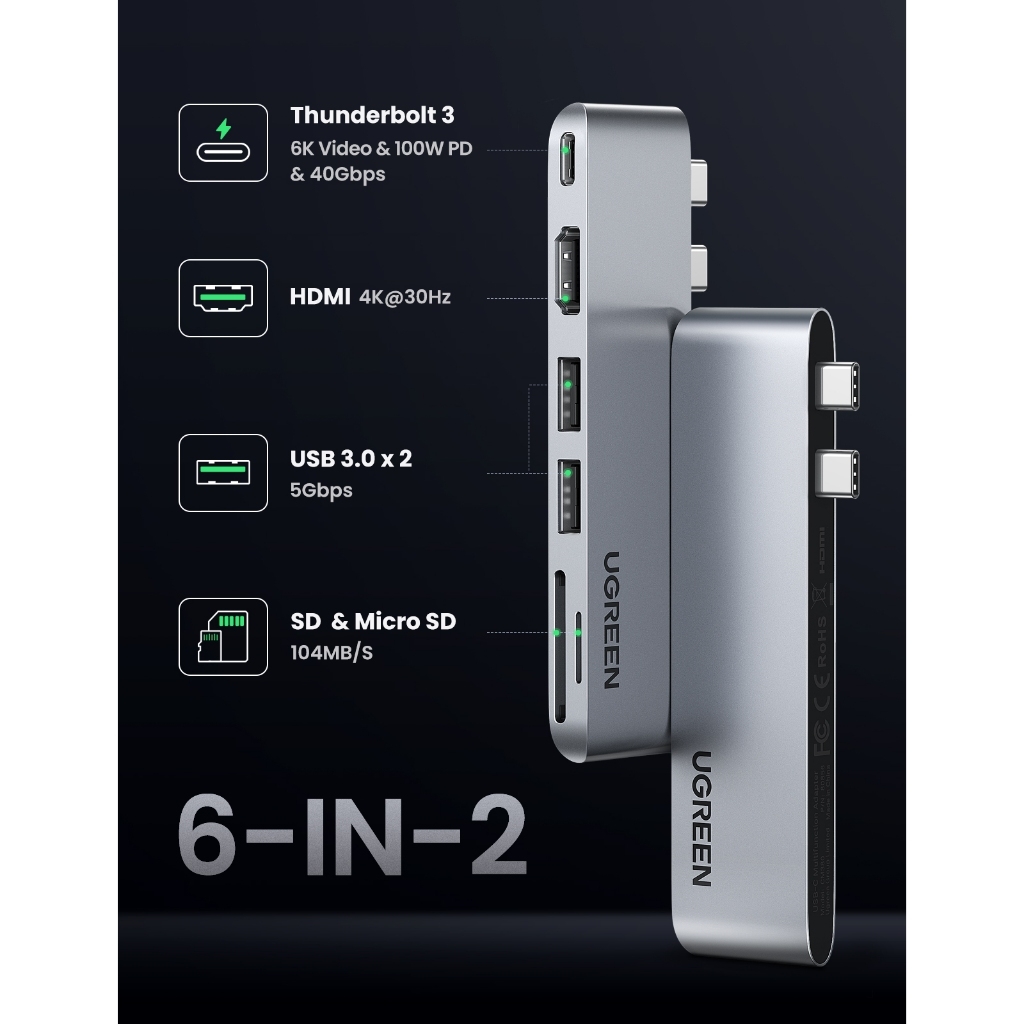 Hub USB C UGREEN Revodok Pro 106 - 6 In 1, HDMI 4K 60Hz, PD 100W, 10Gbps - Foto 5