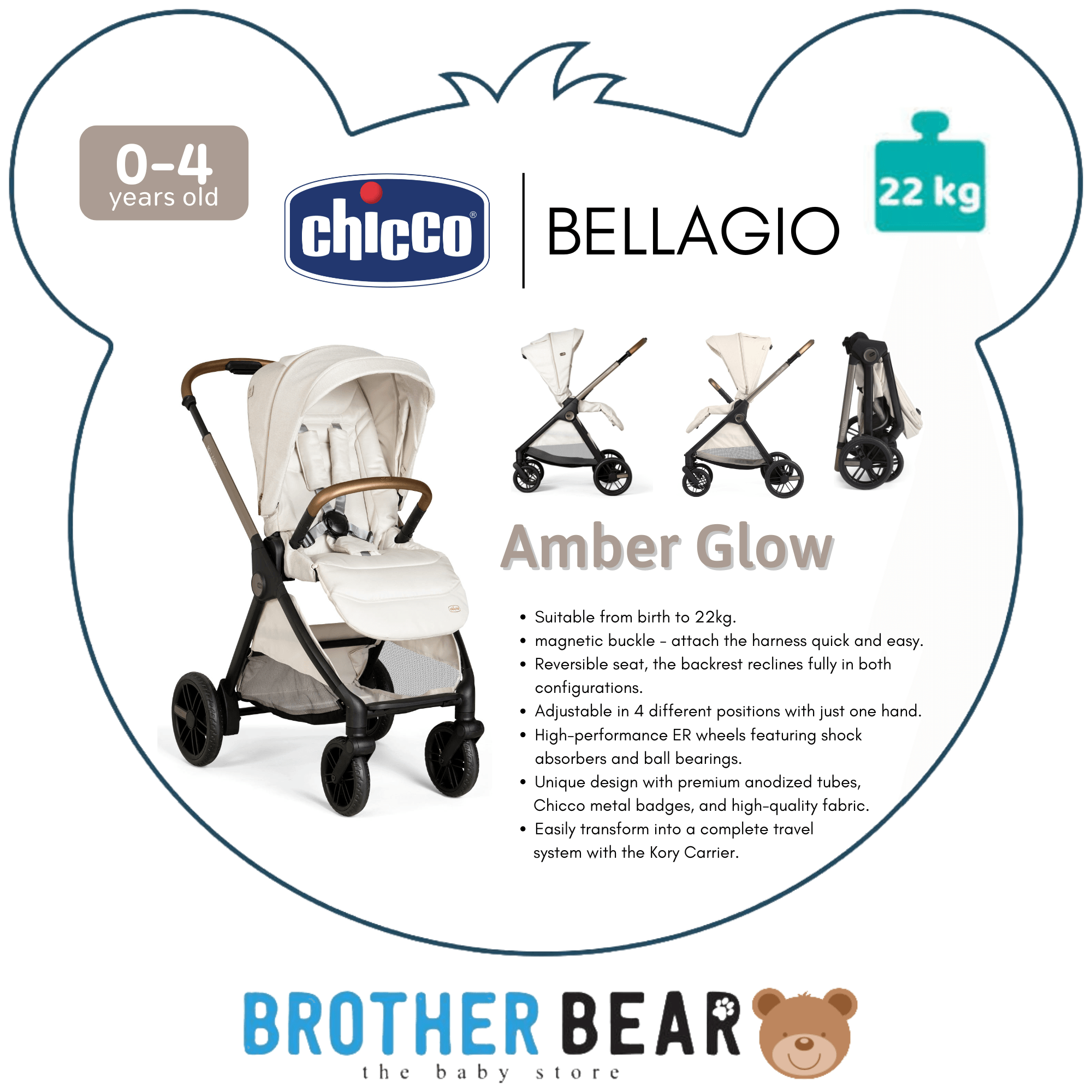 Chicco Bellagio Stroller Free Adapter Amber Glow Lunar Rock