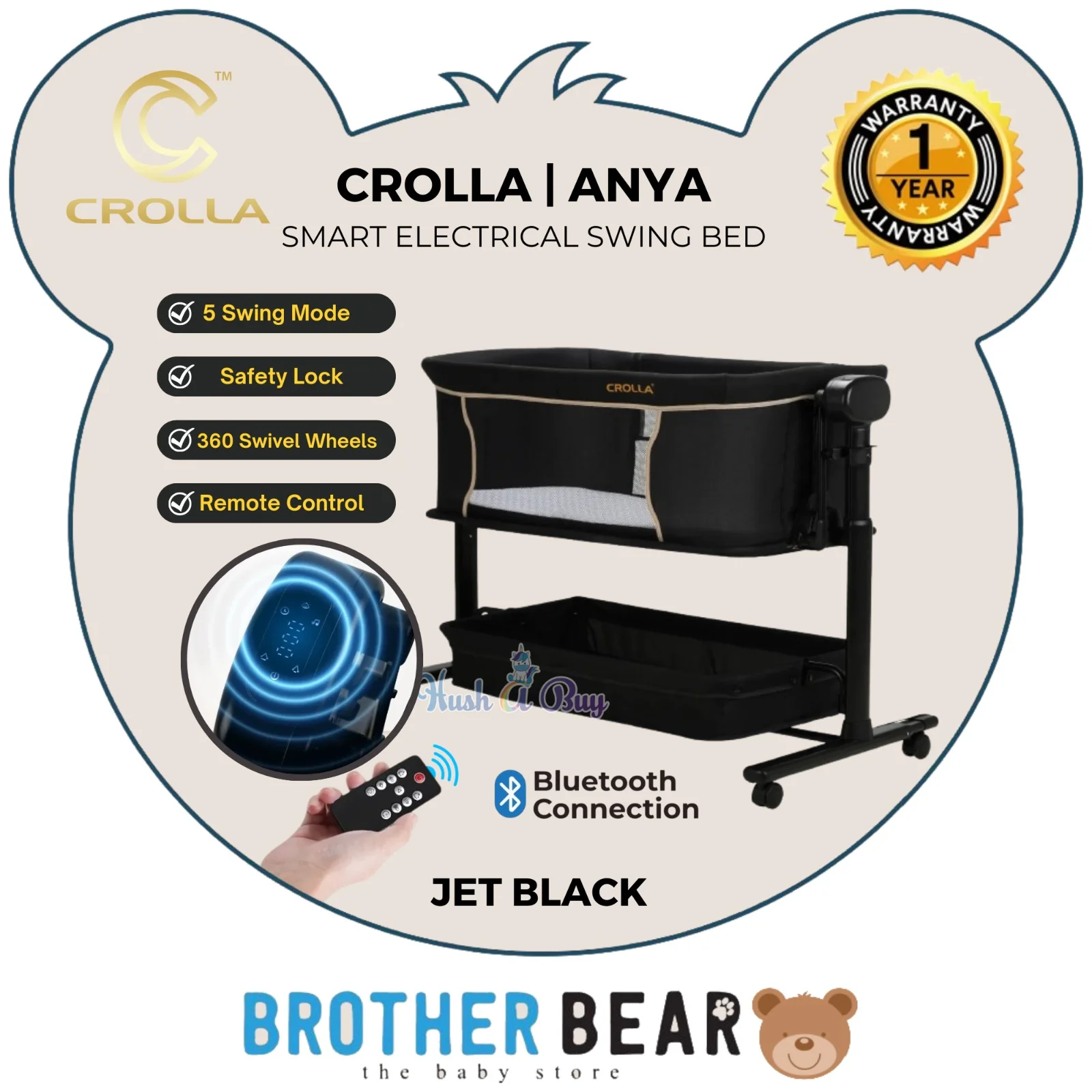 Crolla Anya baby electric swing crib bedside cot with bluetooth and anti reflux design