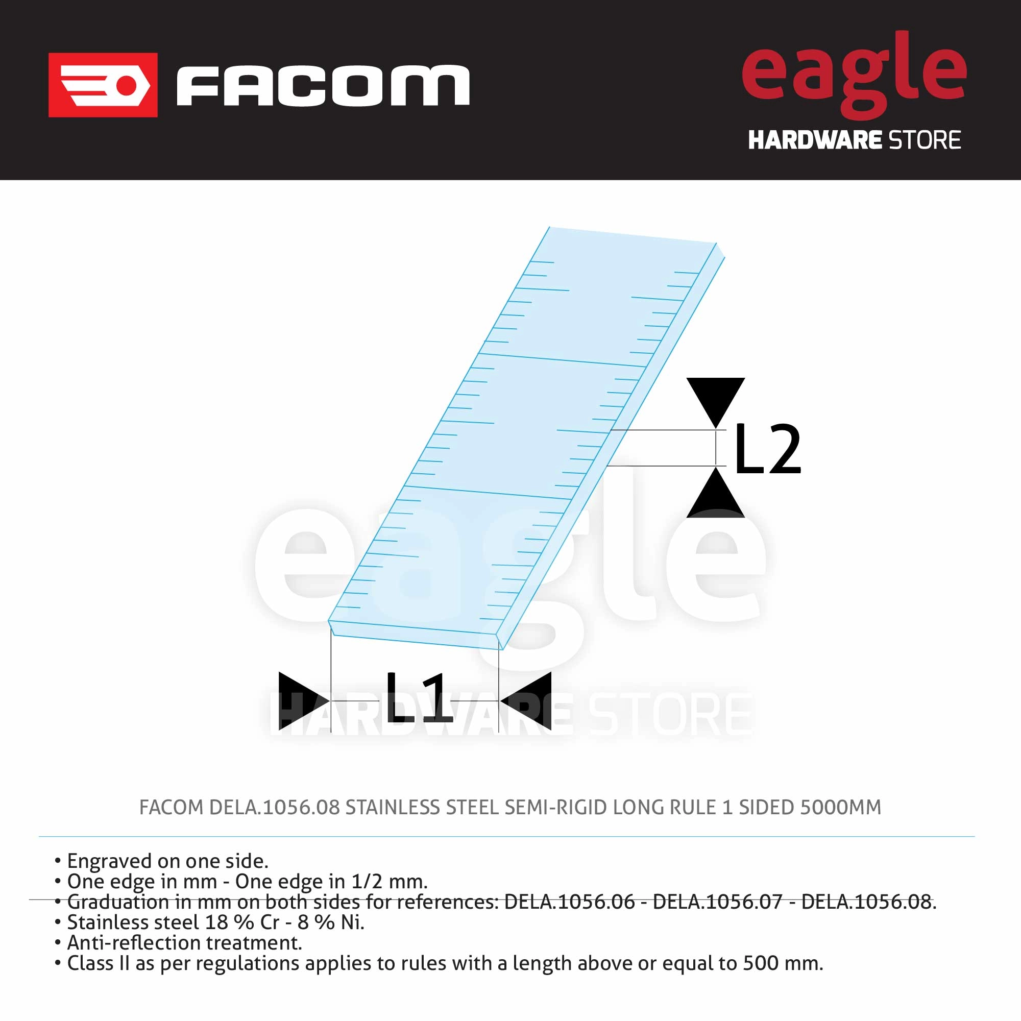 Erp Ruler Facom Dela 1056.08 Stainless Steel Semi-Rigid Long Ruler 1 Sided 5000mm ...
