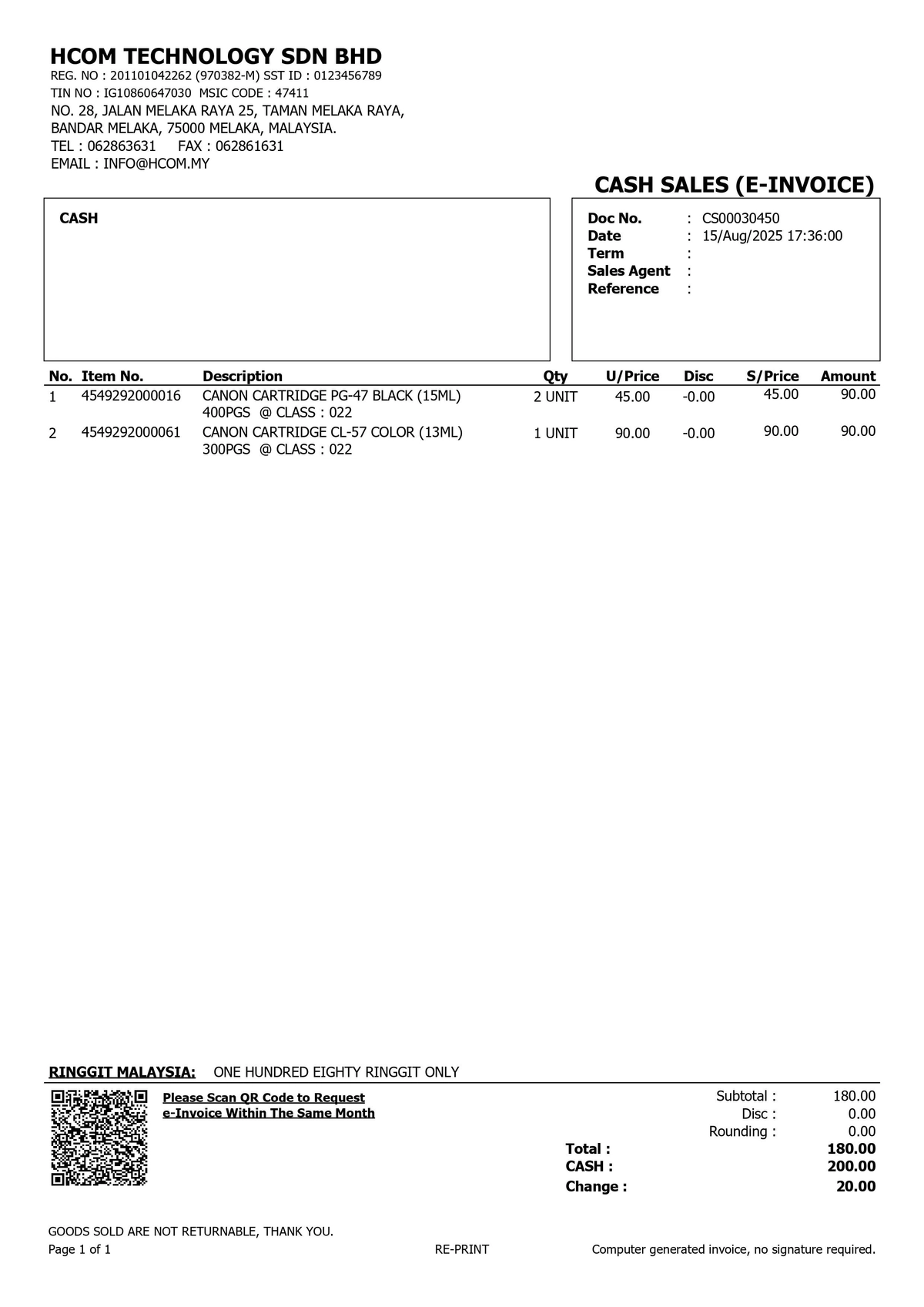 Invoice With Disc Out Example IRS Cash Sales e-Invoice Format | Malaysia Notable Point of Sales (POS ...