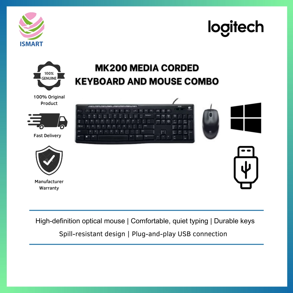Mk200 LOGITECH MK200 MEDIA CORDED KEYBOARD AND MOUSE COMBO | ISMART Online ...