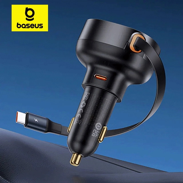 Base On User Sticker Baseus Baseus 60W Car Charger Built-in Retractable Fast Charging Type-C Cable ...