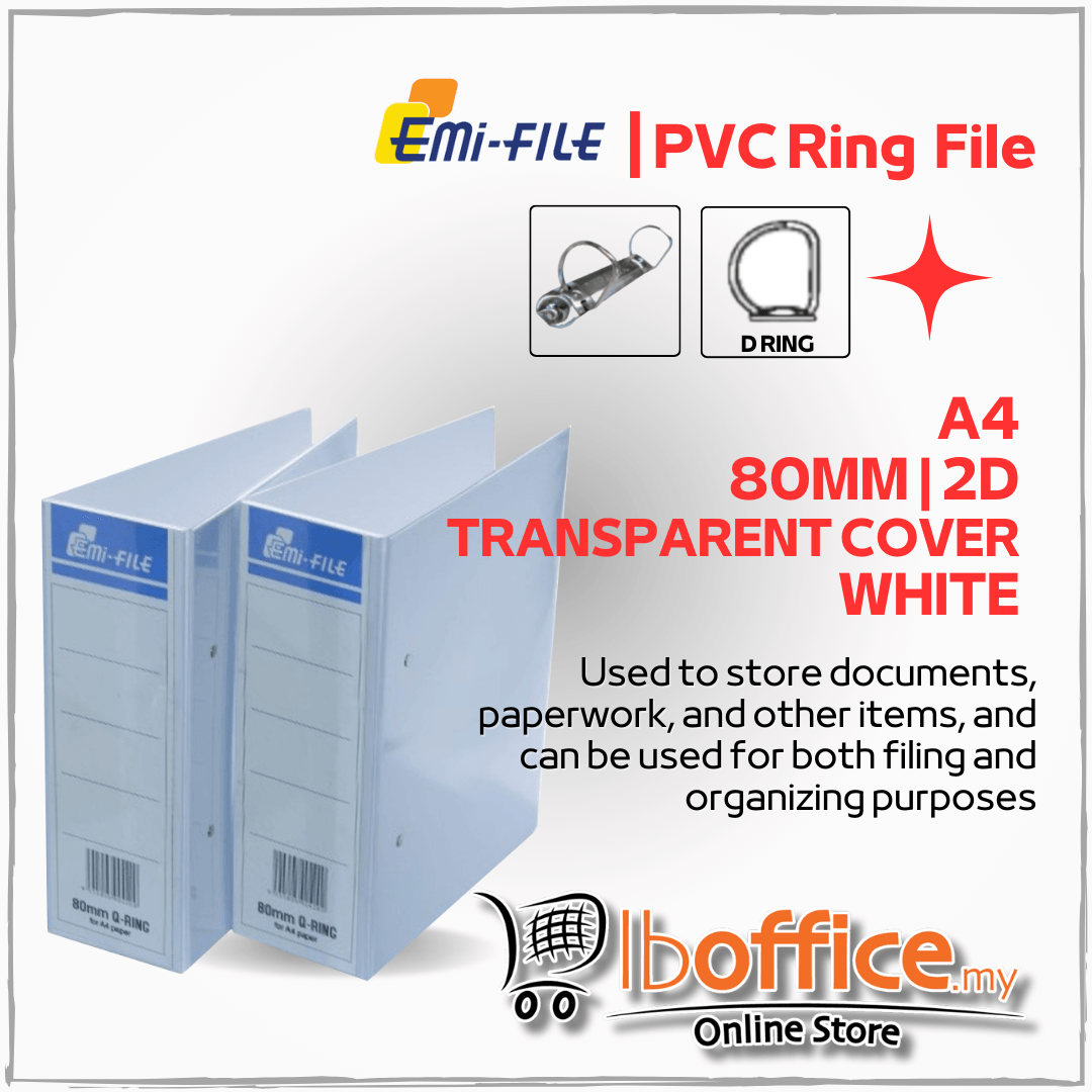 Emi File PVC Ring File - A4 2Q/80mm - White | lboffice online store ...