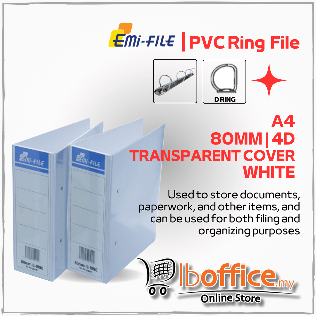 Emi File PVC Ring File - A4 4Q/80mm - White | lboffice online store ...